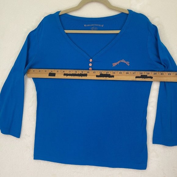 Margaritaville Jimmy Buffet Women's Henley 3/4 Sleeve T Shirt Button Top Blue - Picture 7 of 7